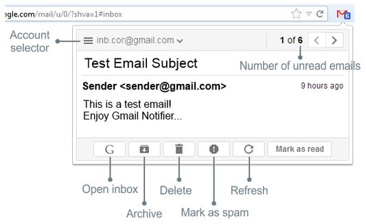 Email preview panel. Mark as read, report spam, delete emails right from Firefox toolba