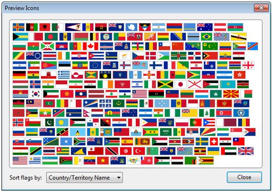 Flagfox uses a custom set of high quality flag icons based on the public domain works of Wikimedia Commons. The options links to a preview window that allows users to browse the flags and look up countries/territories via Wikipedia.