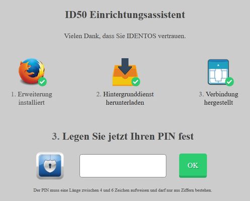 Einrichtungs-Assistent: Aufbau der Verbindung und festlegen einer individuellen PIN.