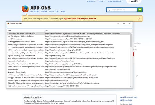 Fast Tab Switcher dialog (Ctrl+Space)