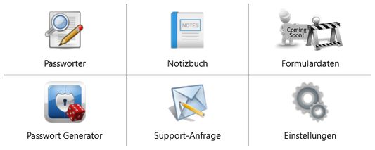 Hauptmenü: Passwörter, Notizbuch, [Formulardaten], Passwort Generator, Support, Einstellungen.
