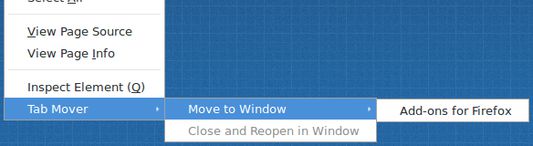 Screenshot of the context menu entries of the Tab Mover Firefox addon