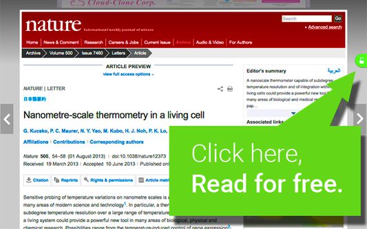 When you encounter a paywalled article, a colored tab gives you a link to a free PDF, if we can find one in our index of 10M+ open-access articles.