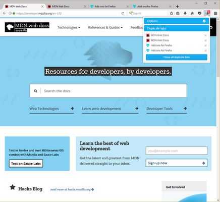 Option "Close tab automatically" - Duplicate tabs have been detected and the badge indicates the number of duplicate tabs.