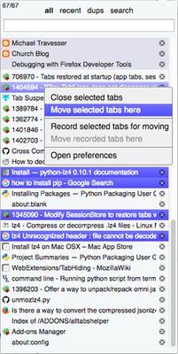 Moving tabs using context menu.  Select tabs by ctrl/cmd/shift + click, place cursor over target point, then click "Move selected tabs here".  This is sometimes more convenient for moving across a long list of tabs.