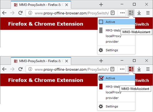 Mit einem Klick auf das MM3-Symbol schalten Sie zwischen der direkten Internet-Verbindung und einer Proxy-Konfiguration um.