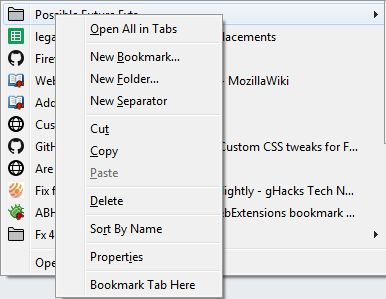 Inserts bookmark of current tab as the first item in the selected folder. Note "Bookmark Tab Here" item at the bottom of the bookmark folder's context menu.