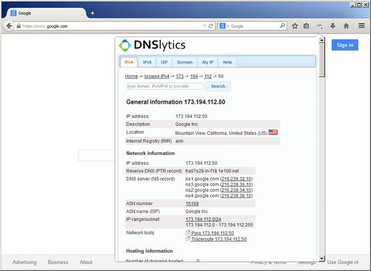 start screen of add-on with IPv4 information.