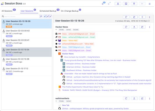 Session Boss main display.  The list of captured sessions is on the left.  The session detail pane is on the right.  This session example shows the saved tab containers, one email account per container.  Restoring the session will restore all the containers with each container specific information.  Also the Tree Style indentation shows the tab creation dependency.