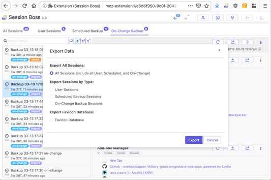 Export dialog box to export different kinds of data.
