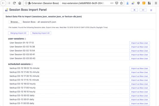 Import Panel showing the preview of the loaded sessions to be imported.