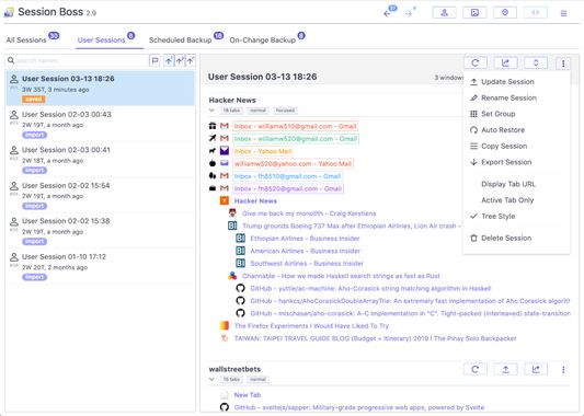 Session level command bar and its dropdown menu.  Each window has its command bar and menu items as well (not shown).