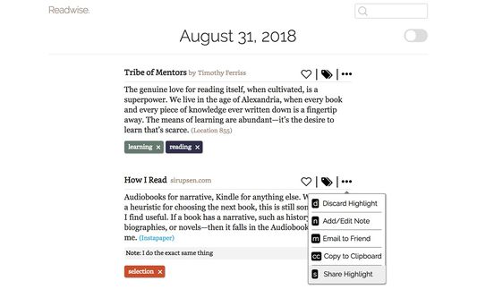Reviewing your highlights inside of the Readwise web app.