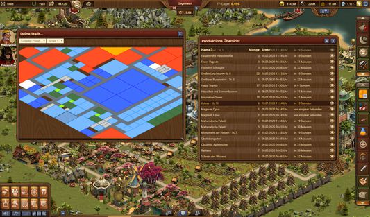 Produktionsübersicht mit Anzeige eines bestimmten Gebäudes in der eigenen Stadt