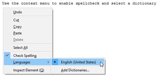 Use the context menu to enable spellcheck and select a dictionary
