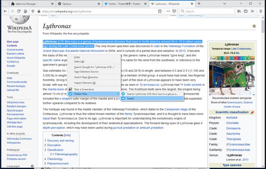 引用选中的字符串、页面标题和页面 URL 发推。