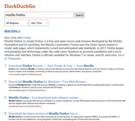 Part of DuckDuckGo Lite search results page displaying results for search query “Mozilla Firefox”.