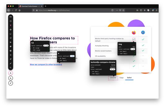 Hover and VisBug will tell you accessibility information