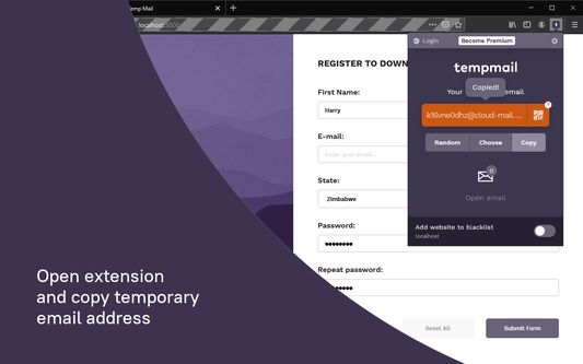 Open extension and copy temporary email address