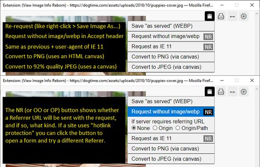 Version 1.6 added "Save as... Options" for special situations such as bypassing WebP format. Version 1.7 added Referrer URL options.