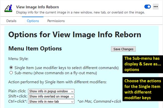 Click the gear icon on the info page, or access Options through the Add-ons page to adjust menu style and modifier keys, color scheme, and font size.
