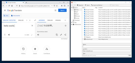 Typing a sentence in Google Translate produces a large number of history entries.
