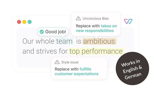 A browser window with an open text field. There is a text written that says: "Our whole team (→ that is communal and thus a “good job” icon is shown) is ambitious (replaced with “takes on new responsibilities”; label: unconscious bias) and strives for top performance (replaced with “fulfills customer expectations”; label: style)." It is shown how Witty highlights some of these terms and give alternatives of how to write it inclusively.