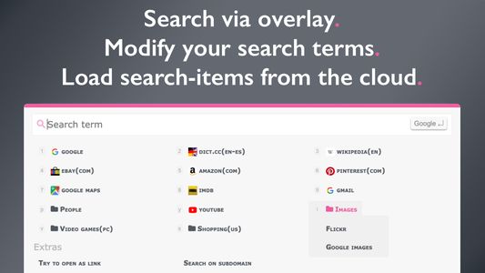Select and search via overlay. Modify your searches on the fly and even load directly search-items from your Trufflepiggy-Cloud. Fully useable with mouse, keyboard and shortcuts.