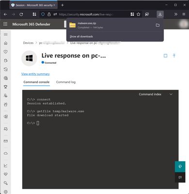 A Microsoft 365 Defender Live Response Session download being encrypted.