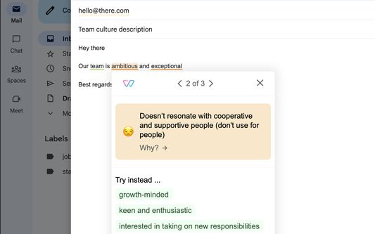 Gmail with the sentence "our team is ambitious and exceptional".  It shows how Witty suggested alternatives for the terms "ambitious" and "exceptional".