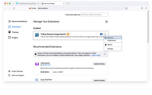 To uninstall the TinEye extension, click on the three horizontal lines in the upper-right corner of your browser window and select Add-ons and themes. Find TinEye Reverse Image Search in the list, then click on the three horizontal dots to the right and select Remove.