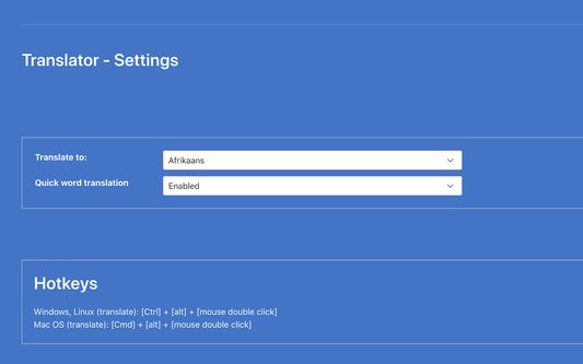 Settings page
