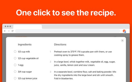 The recipe is shown in a beautifully simple sheet with ingredients and directions side-by-side.
