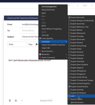 The Taxonomy Dictionary is labeled as Latin, so right click, hover mouse on "Languages" then click and enable "Latin".