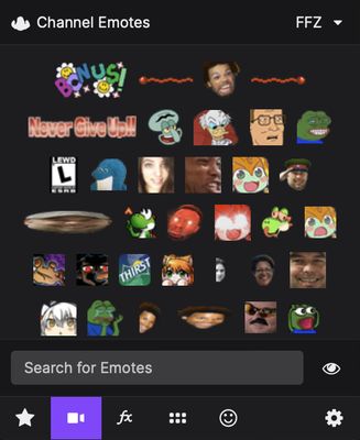 An image of the FrankerFaceZ emote menu, which makes it easy to use both native and add-on provided emotes in chat.