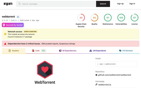 Socket metrics appear inside NPM package pages, helping you decide whether an open-source dependency is worth the supply chain risk it brings.