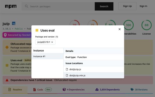 Socket identifies the locations of problematic code in each NPM dependency.