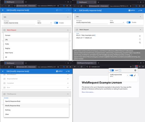 1. Add a rule and Select a "Match Request" template;
2.Modify the function content as needed;
3.Adding one or more event listener functions to a rule;
4.The toolbar shows which rules the current tab matches