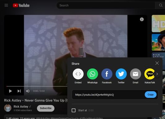 Screenshot of youtube.com with share dialog open.