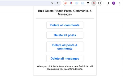 Screenshot of 4 buttons to bulk delete Reddit posts, comments, and messages.