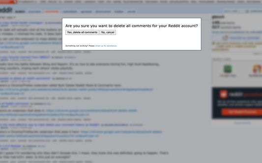 Screenshot of confirmation box to delete Reddit comments.