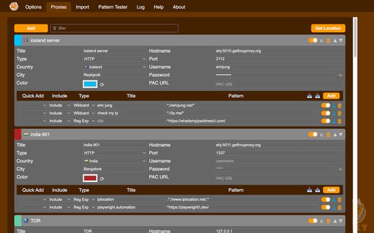 Proxies tab. Dark theme. Version 8.1