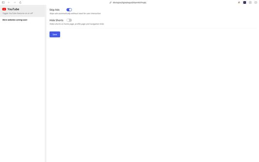 Options page where users can toggle different features.