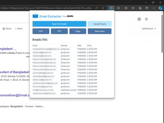Email Extractor pop up with extracted mails