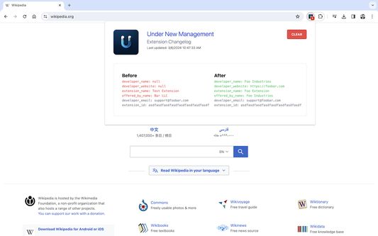 An example of what one might see if the ownership of an installed extension changes.
