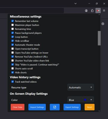 This screenshot shows the available options in the popup.