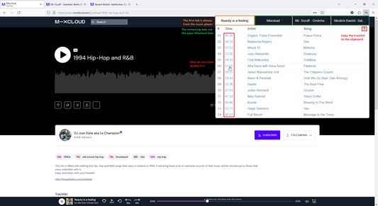 Tracklist displayed from extension popup with multi mixcloud tab