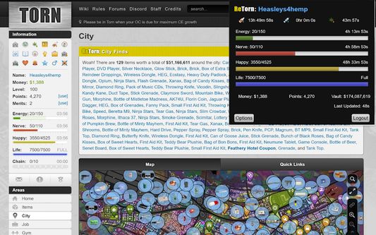 City Finds feature on the Torn city page and the ReTorn Popup.