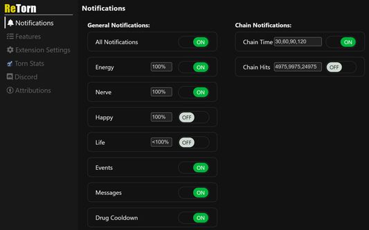 The options menu for ReTorn.