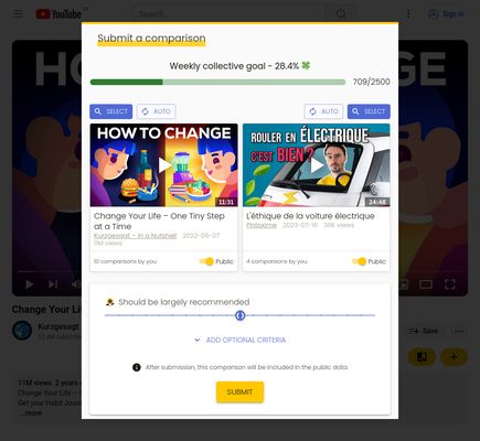 The comparison interface can be displayed in one click. Your comparisons improve the recommendations and help the research in ethics of recommender systems.